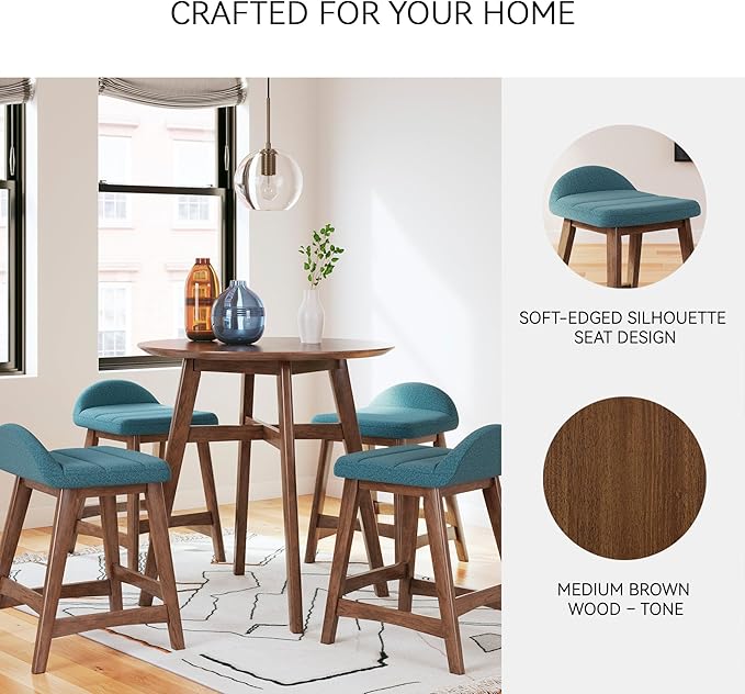 Signature Design by Ashley Lyncott Contemporary 24.25" Seat Height Counter Height Upholstered Bar Stool with Foam Cushion, 2 Count, Blue Fabric, Solid Hardwood Frame with Brown Finish