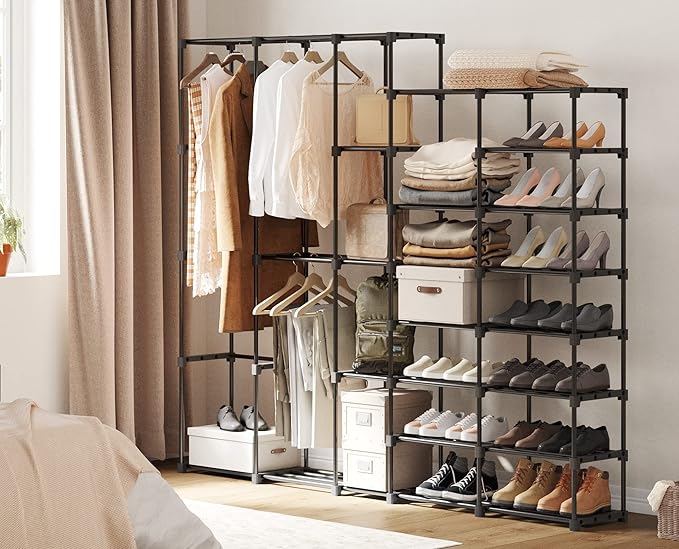 Portable Closet Wardrobe Clothes Rack with Shelves Freestanding Closet Organizer with Shoe Rack for Hanging Clothes 77.4x11.8x66 Inches for Bedroom Living Room with Rubber Hammer Black