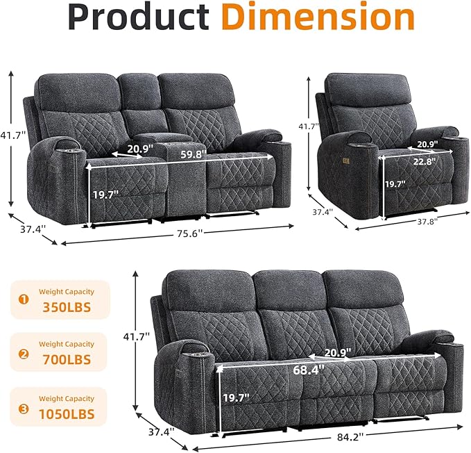 EBELLO Power Reclining Sofa Set, Fabric Electric Recliner Chair, Loveseat and 3 Seater Sofa Couch with Cup Holders, Charging Ports and Storage Space, 6 Seats for Small Living Room, Grey