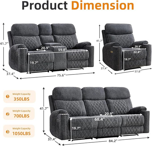 EBELLO Power Reclining Sofa Set, Fabric Electric Recliner Chair, Loveseat and 3 Seater Sofa Couch with Cup Holders, Charging Ports and Storage Space, 6 Seats for Small Living Room, Grey