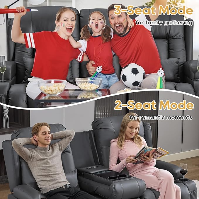 IPKIG Power Recliner Sofa with Flip-Up Backrest Console, USB & USB-C Ports, AC Outlet, LED Lights, Wall Hugger Recliners for Living Room, RV (PU Grey, 67" - 3 Seat) | Faux Leather, Zero Gravity, Dual Reclining, 2 Lumabr Pillow, Bluetooth Speakers