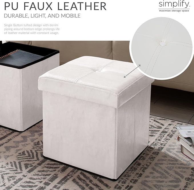 Simplify Faux Leather Folding Storage Ottoman | Single | Collapsible | Tufted Padded Seating | Foot Rest | Bench | Toy Box | Ivory
