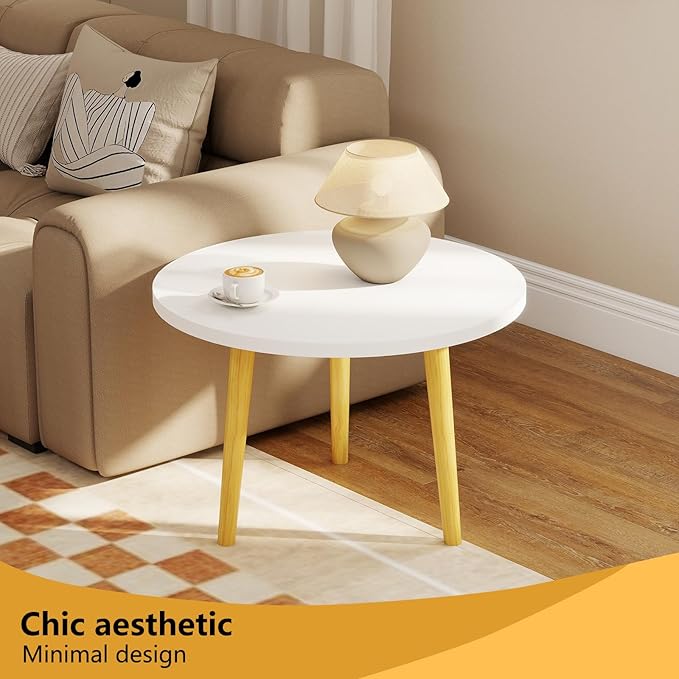 Round Coffee Table Low Table with 3 Solid Wood Sturdy Legs, Floor Table Desk for Sitting on The Floor, Storage and Living Room Furniture (White)