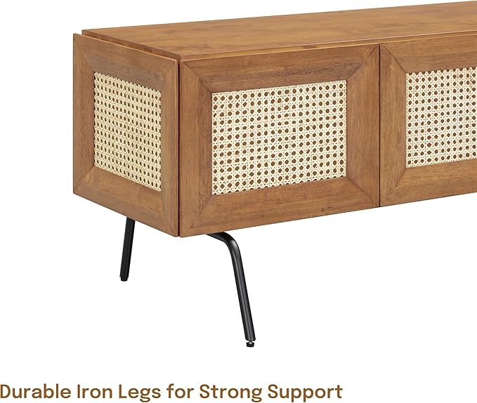 NTC Mossic TV Media Cabinet with 4 Doors for TVs, Entertainment Center with Natural Rattan, Metal Legs, Modern Storage Console for Living Room and Bedroom, Effortless Assembly, Teak Look