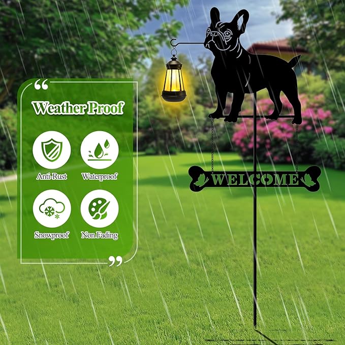 Tfro & Cile Solar Light Garden Stake 45 Inch Black French Bulldog Welcome Sign Decorative Dog Lantern Ornament Outdoor Garden Decor for Lawn Yard Patio