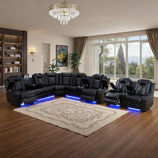 Power Leather Recliner Sectional Sofa with LED Light,L Shaped Reclining Couch with USB Charger/Cup Holder/Storage,Leather Sofa for Living Room Furniture Sets(Black,Sectional+2 Seats)