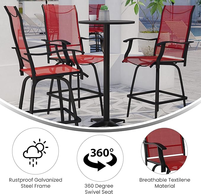 Flash Furniture Valerie Patio Bar Height Stools Set of 2, All-Weather Textilene Swivel Patio Stools with High Back & Armrests in Red