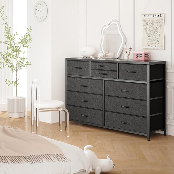 GAOMON 10 Drawers Fabric Dressers for Bedroom, Modern Chest of Drawers, Lightweight Entertainment Center with Fabric Bins for Living Room, Hallway, 45" Wide TV Stand Dressers, Wood Top (Black_1)