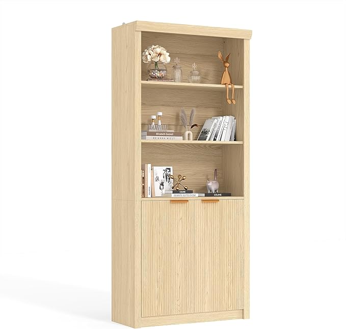 Garvee 71" Tall Bookshelf with Fluted Doors, 5 Tier Bookcase Display Shelves with Storage Cabinet & Adjustable Shelf, Mid-Century Modern Bookshelves for Home Office, Living Room, Oak