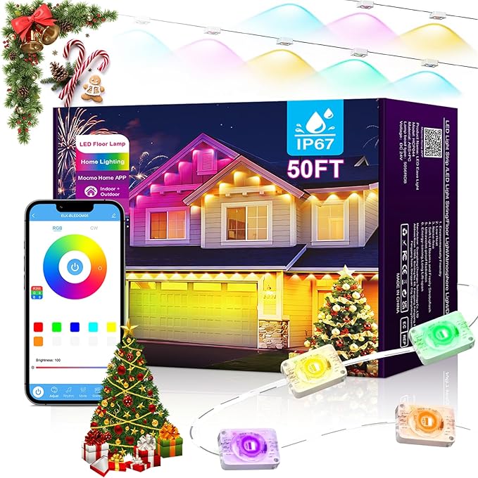50ft Permanent Outdoor Lights for House, House Roof Lighting RGB+IC Smart Outdoor Decor 50 Scene Modes with App/Remote Control, IP67 Waterproof Pool Party Decor Led Lights for Christmas Party