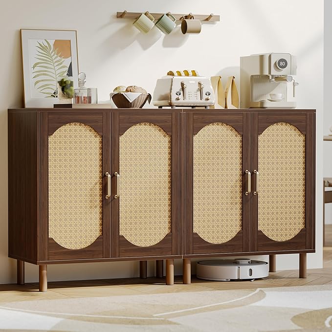 Buffet Cabinet with Storage, Imitation Rattan Arched Sideboard with Adjustable Shelves, Coffee Bar Cabinet for Kitchen, Living Room, Hallway, Entryway, Walnut, 2 PCS