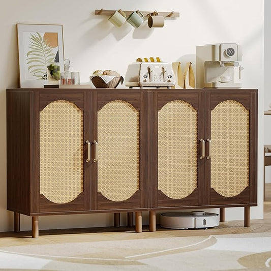 Buffet Cabinet with Storage, Imitation Rattan Arched Sideboard with Adjustable Shelves, Coffee Bar Cabinet for Kitchen, Living Room, Hallway, Entryway, Walnut, 2 PCS
