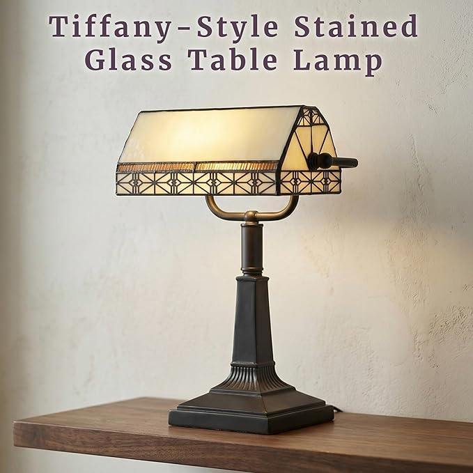 Lavish Home Tiffany-Style Bankers Lamp - Vintage-Looking Mission-Style Table or Desk LED Light with Stained Glass Shade (Dark Brown)