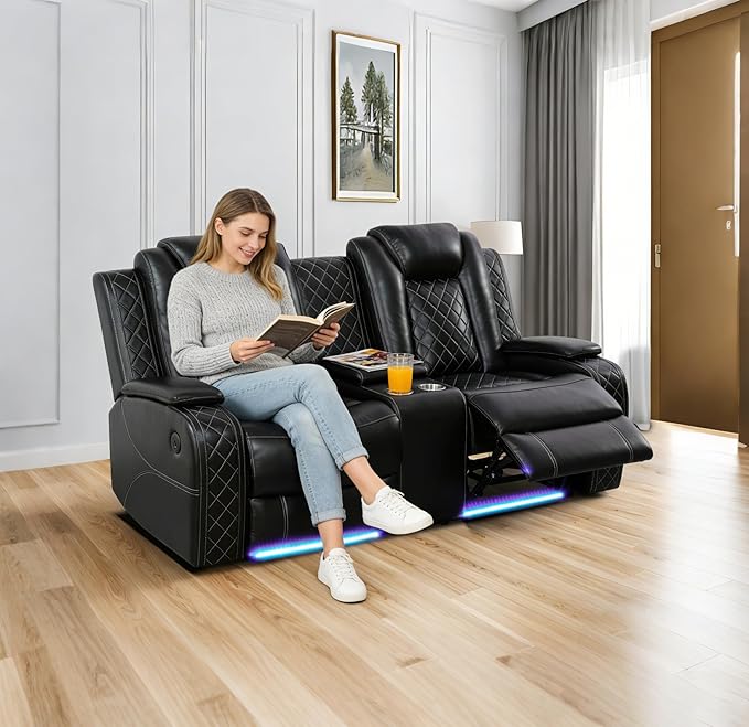 Power Recliner Sofa Set for Living Room, Breathing Leather Reclining Sofa Set with LED/USB Port/Cup Holders/Storage, 3 Piece Living Room Furniture Home Theater Seating Couches (Black)