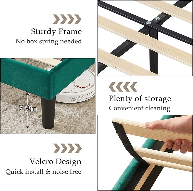 VECELO Full Size Bed Frame Premium Velvet Upholstered Platform with Height Adjustable Headboard/Mattress Foundation, Solid Wooden Slat Support, No Box Spring Needed/Easy Assembly