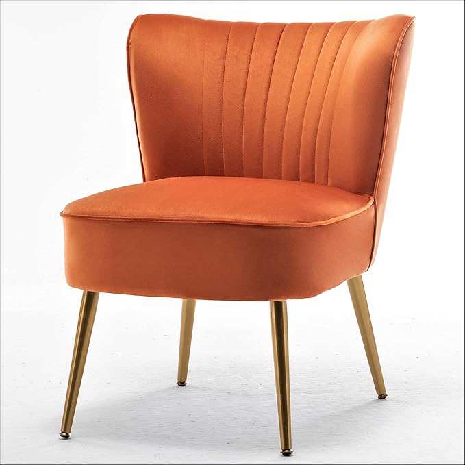 Modern Velvet Accent Chair for Living Room, Bedroom, or Entryway, Stylish and Comfortable Armless Design with Metal Legs, Orange Red