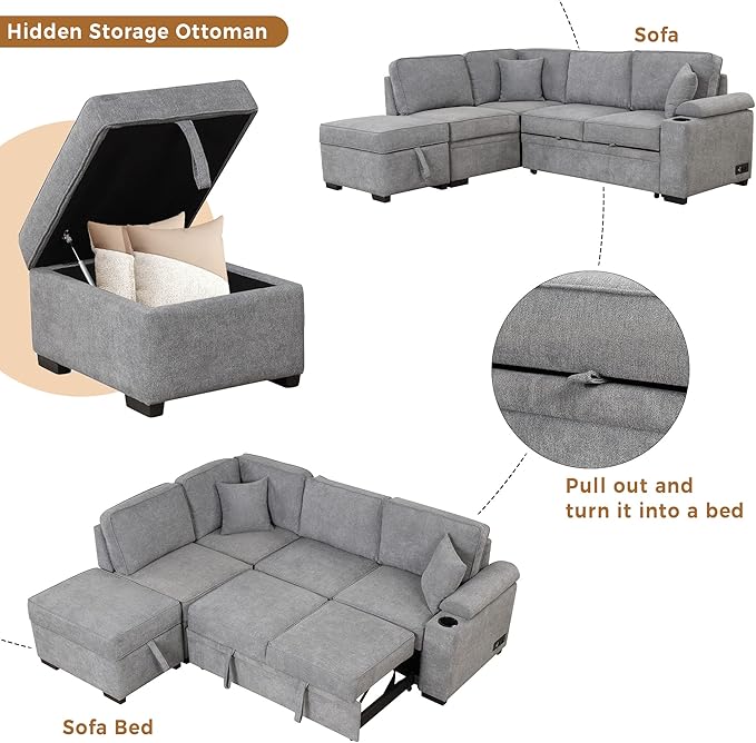 Merax Sofa Bed Sleeper Couch L Shaped Sofa with Storage Ottoman and Cup Holder, L-Shape Sectional Couch with Comfortable backrest and Charging Function for Living Room and Small Apartment (Gray)