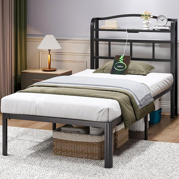 Twin Bed Frame - Storage Headboard with Charging Station, 14 Inch Sturdy Metal Platform Bed Frame No Box Spring Needed, Easy Assembly, No Noise, Black