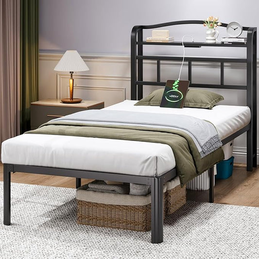 Twin Bed Frame - Storage Headboard with Charging Station, 14 Inch Sturdy Metal Platform Bed Frame No Box Spring Needed, Easy Assembly, No Noise, Black