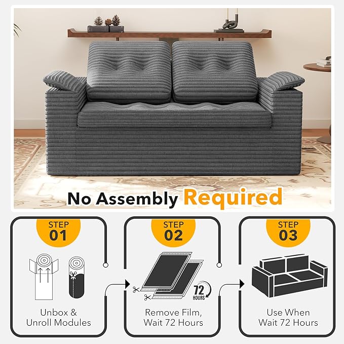 Loveseat Sofa, Boneless Cloud Couch for Living Room 2 Seater Modern Lounge Sleeper Couch with Removable Cover Corduroy Sofa with Armrest, Seat Cushion & Pillows for Small Spaces, Dark Grey