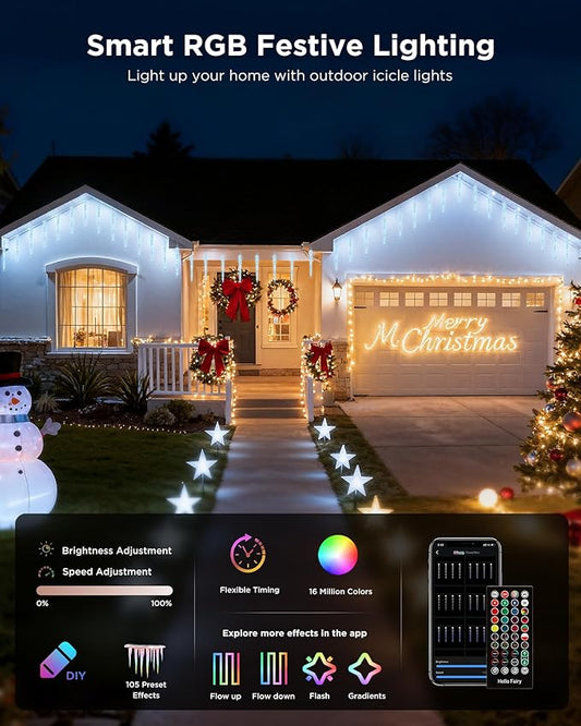 Brightown Smart Icicle Lights for Outside, 62.4ft with 40 Tubes 200 LED Color Changing Icicle Christmas Lights Decoration, APP Controlled Customize Display DIY Dynamic Waterproof Connectable