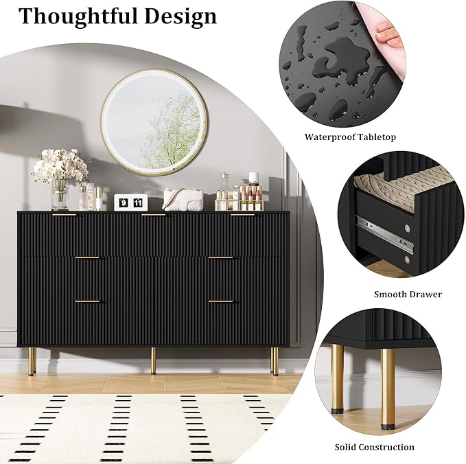 GAOMON 7 Drawer Dresser for Bedroom Chest of Drawers, 55" Wide Fluted Dresser with Drawers, Modern Wooden Double Dressers with Metal Handles for Living Room, Hallway