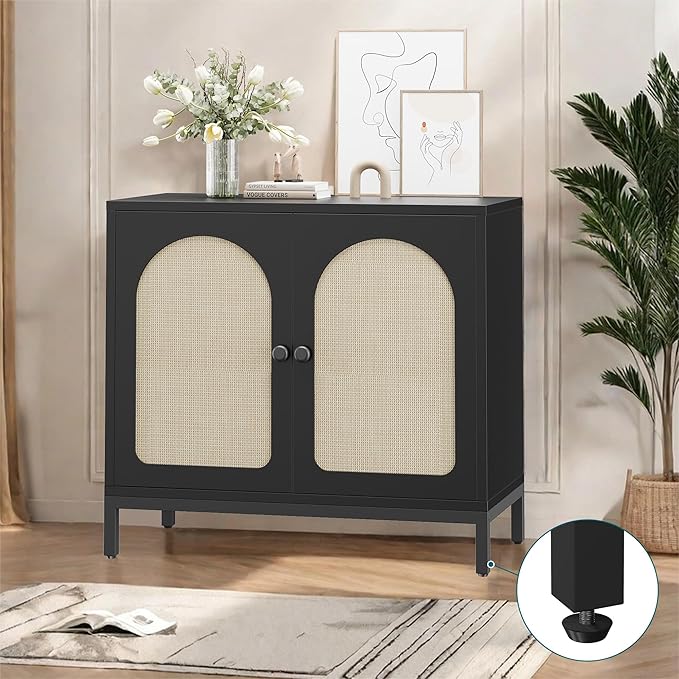 GarveeHome Rattan Sideboard Buffet Cabinet, Kitchen Storage Cabinet with Rattan Doors and Adjustable Shelves, Boho Accent Liquor Coffee Buffet for Living Dining Room Hallway, Black