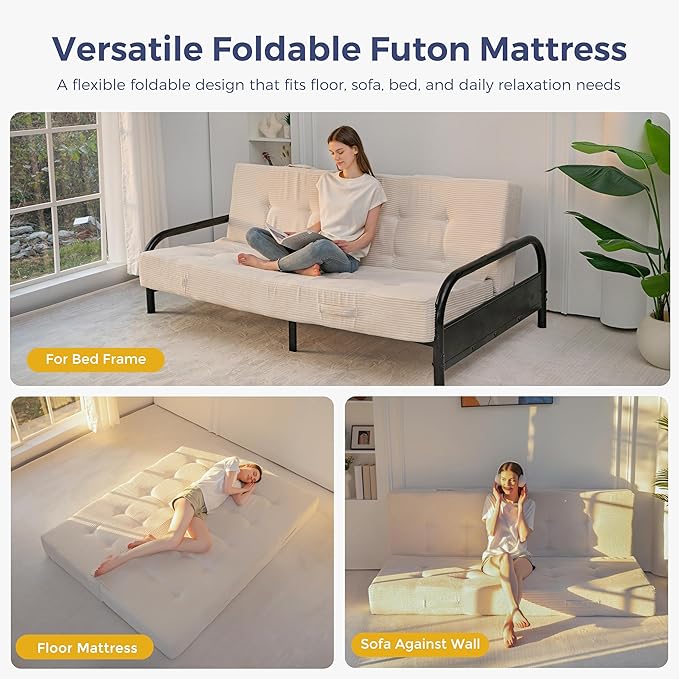 MAXYOYO 8" Foldable Floor Sofa Bed, Tufted Foldable Couch Bed Thick Folding Mattress with Handles, Versatile Folding Sofa Couch for Floor Sleeping, Living Room & Guest Room, Beige