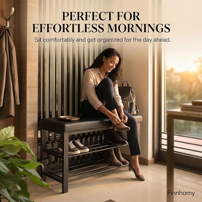 Finnhomy Entryway Shoe Rack with Cushioned Seat, Shoe Bench for Entry, 2 Shelves Storage Bench w/Faux Leather Top Bed Bench, Black