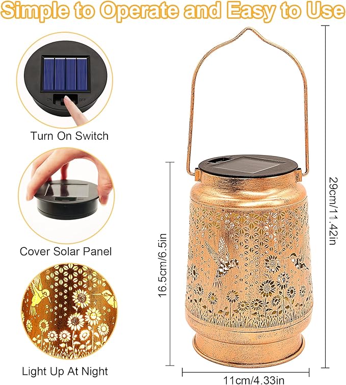 2 Pack Hummingbird Solar Lanterns Outdoor Garden Decor, Gifts for Women Mom Grandma Birthday, Hanging Metal Solar Lights Waterproof LED Decoration with Shepherd Hook Outside for Yard Patio Lawn Porch