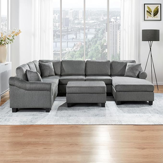 ERYE 112-Inch U-Shaped Sectional Sofa with Movable Storage Ottoman, Oversized Chenille Upholstered Corner Modular Sofa Couch W/Right Facing Chaise Lounge and 3 Toss Pillows