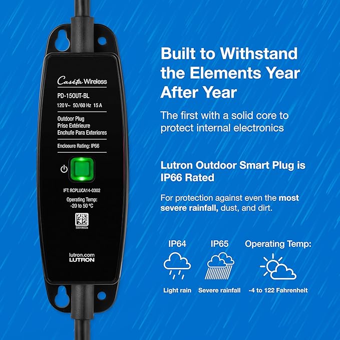 Lutron Outdoor Smart Plug for Caseta Smart Lighting, Summer Patio, Backyard Outdoor Lights & Motors, 15A LED Fixtures & 1/2 HP Motors, PD-15OUT-BL, Black