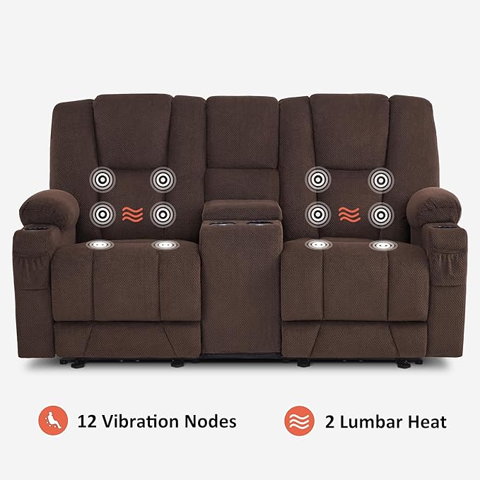 MCombo Zero Gravity Power Loveseat Sofa with Console, Heat and Massage, Reclining Loveseat for Living Room, Fabric 6035SET (Brown, Loveseat with Console)