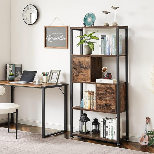 VECELO 5-Tier Bookshelf,Bookcase with 2 Storage Drawers and 1 Cabinet, Wood Board with Metal Frame Open Book Shelves Standing Shelf Unit for Living Room, Home Office,Bedroom