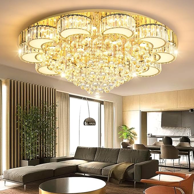 39.4'' Gold Modern Crystal Chandeliers for Dining Room LED Dimmable Light Fixtures Flush Mount Light Living Room Bedrooms