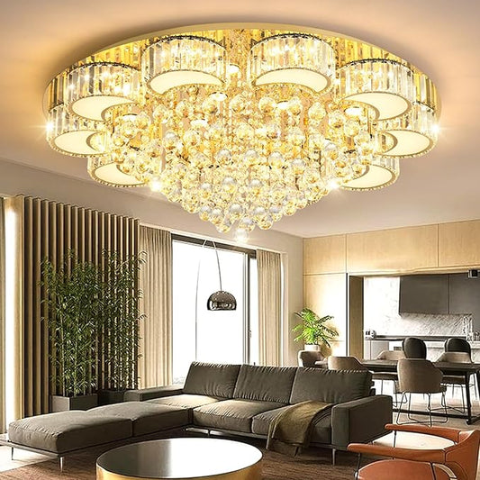 39.4'' Gold Modern Crystal Chandeliers for Dining Room LED Dimmable Light Fixtures Flush Mount Light Living Room Bedrooms