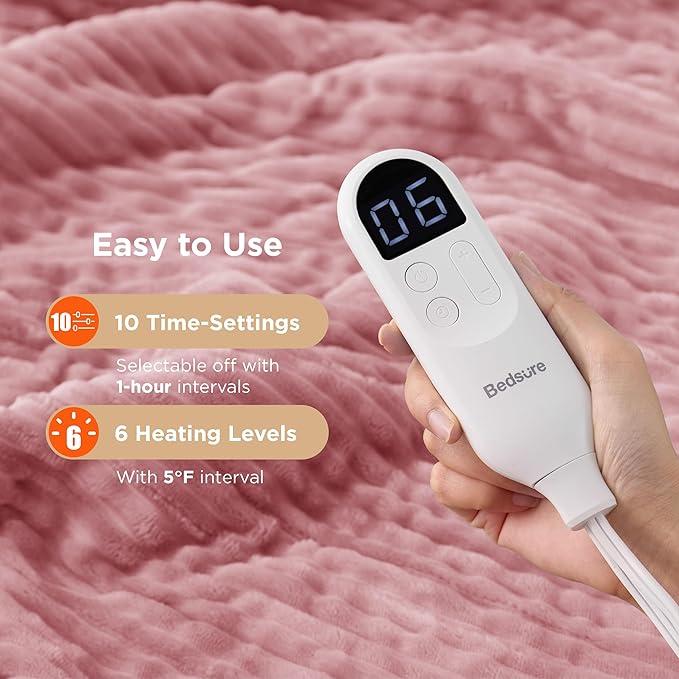 Bedsure GentleSoft Electric Blanket Twin - Soft Ribbed Flannel Heated Blanket, Heating with 10 Time Settings, 6 Heat Settings, and 8 hrs Timer Auto Shut Off (62x84 inches, Pink)