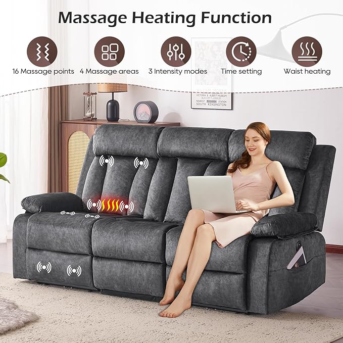 Velvet Power Recliner Sofa Living Room Set, Electric Loveseat Reclining Sofa Couch with Massage & Heat/Console/Cup Holder/USB & Type C, Modern Living Room Furniture Sofa Set (Gray)