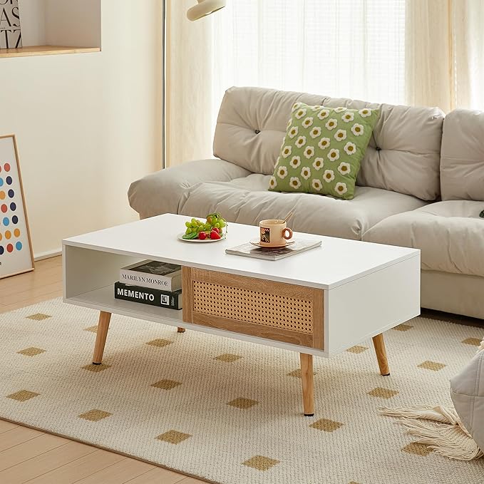 Ball & Cast 41.34“ Rattan Coffee Table with Storage, Wooden Center Table with Sliding Door and Solid Wood Legs, Morden Accent End Table Living Room Coffee Table,White