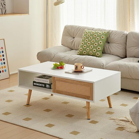 Ball & Cast 41.34“ Rattan Coffee Table with Storage, Wooden Center Table with Sliding Door and Solid Wood Legs, Morden Accent End Table Living Room Coffee Table,White