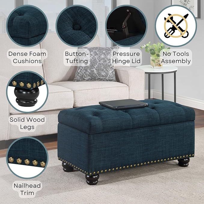 Convenience Concepts Designs4Comfort 7th Avenue Ottoman Bench 35.5" - Modern Upholstered Footstool & Seat with Hinged Lid & Storage, for Living Room, Bedroom, & Entryway, Dark Blue Fabric