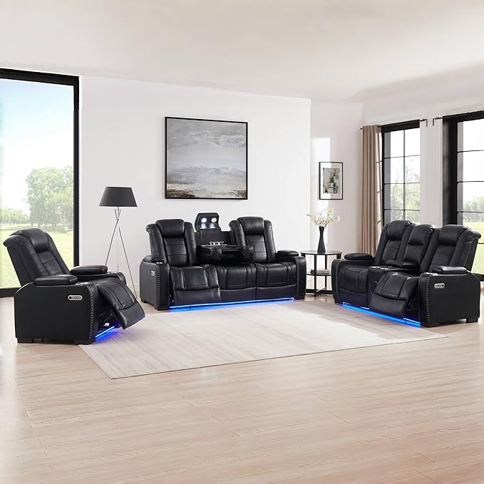 THSUPER Black Leather Power Recliner Sofa Couch with Arm Storage and Power Headrest, Leather Living Room Reclining Couch with Cup Holders and Wireless Charging. Black Sofa | Breathable material, LED ambient light, Reading light, Hidden outlet, USB and ...