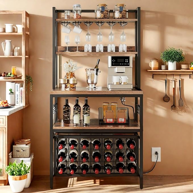 DWVO Large Bakers Rack with Power Outlets and Wine Rack, 5-Tier Microwave Stand with Glasses Holder, Coffee Bar Kitchen Storage Shelf with 6 Hooks, for Kitchen, Living Room, Office, Rustic Brown