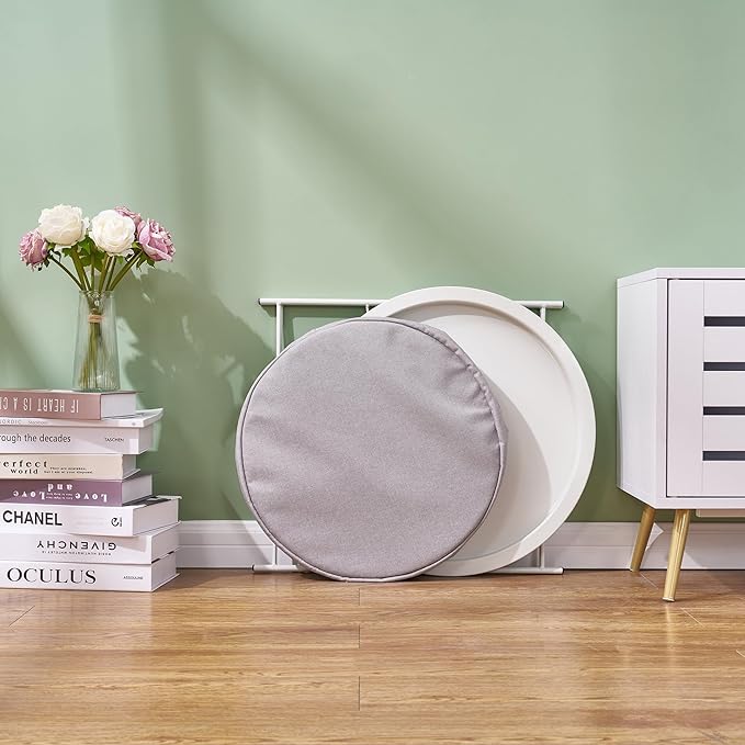 VECELO Round Side/End Table with Fabric Storage Basket，Metal Anti-Rust and Waterproof Small Bedside Nightstand with Removable Tray Top for Living Room，Balcony & Laundry，Beige/1pcs with Basket