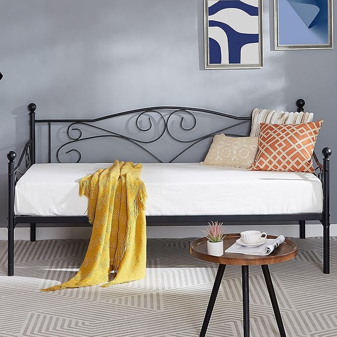 VECELO Daybed Frame, Twin Size Metal Platform Bed with Headboard,Heavy Duty Steel Slats Support for Living Room Bedroom Guest Room, Easy Assembly