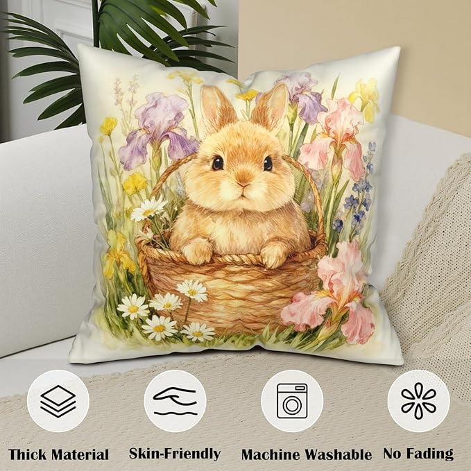 Easter Bunny Throw Pillow Covers Spring Watercolor Rabbit Floral Pillow Covers 22x22 Set of 2 Happy Easter Farmhouse Pillow Cases Spring Holiday Cushion Cases for Home Couch