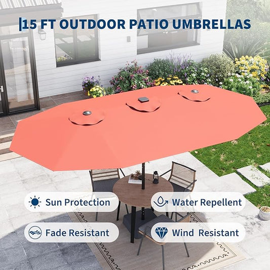 GarveeLife 15 FT Patio Umbrella with Base Included, Patio Table Umbrella with solar lights, 10 Sturdy Ribs UV Protection Waterproof for Garden, Pool, Deck, Backyard (Red)