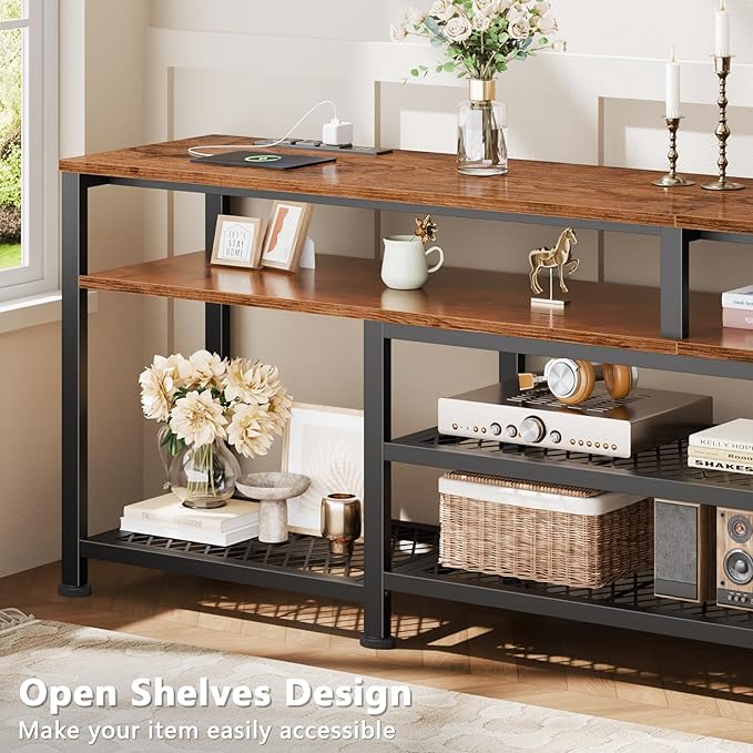 Furologee 71 Inch TV Stand with Power Outlets and LED Lights, Entertainment Center for 65 75 80 Inch TV, Media Console Table with Open Shelves, for Bedroom, Living Room, Rustic Brown