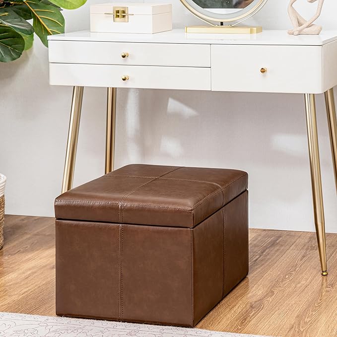 Adeco Faux Leather Storage Ottoman Bench for Living Room & Bedroom, Coffee Brown Cube Footrest Stool with Hidden Storage, Modern Accent Furniture, 17.3 Inch, Sturdy & Comfortable Seating