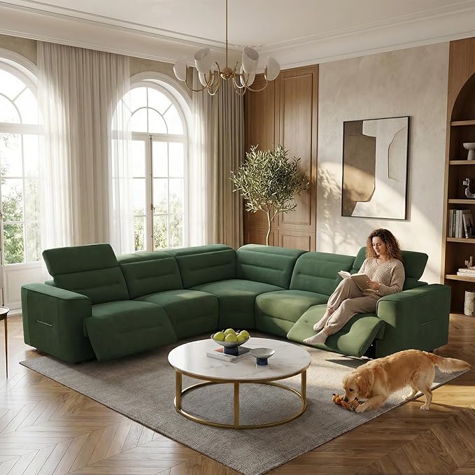 Power Recliner Sectional Sofa, L-Shaped Living Room Furniture Set, Flannel Sectional Sofa, Reclining Sectional Couch for Living Room/House/Apt (Green, 5 Seater)